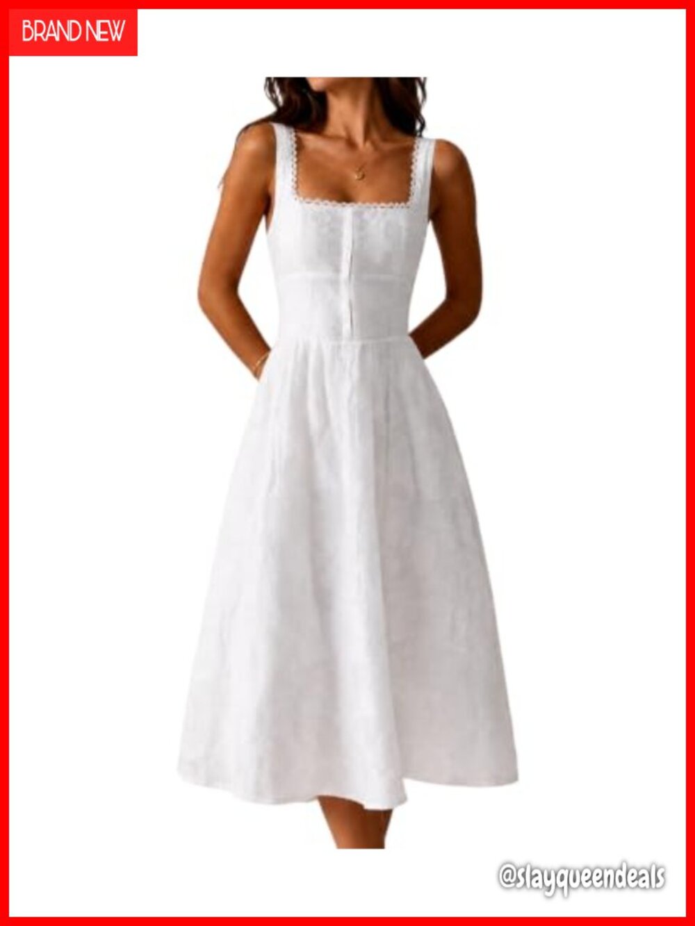 Women's Square Neck Lace Trim Smocked Back Midi Sundress A-Line Sleeveless